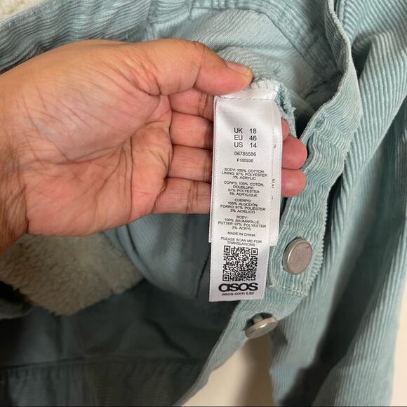 Asos Denim Corded Button Up Jacket with Fleece Collar Blue Size 14 - Picture 5 of 7